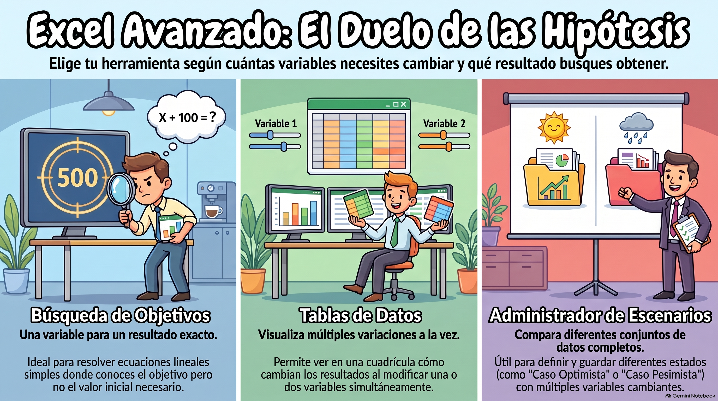 Casos de uso de búsqueda de objetivos, tablas de datos y escenarios